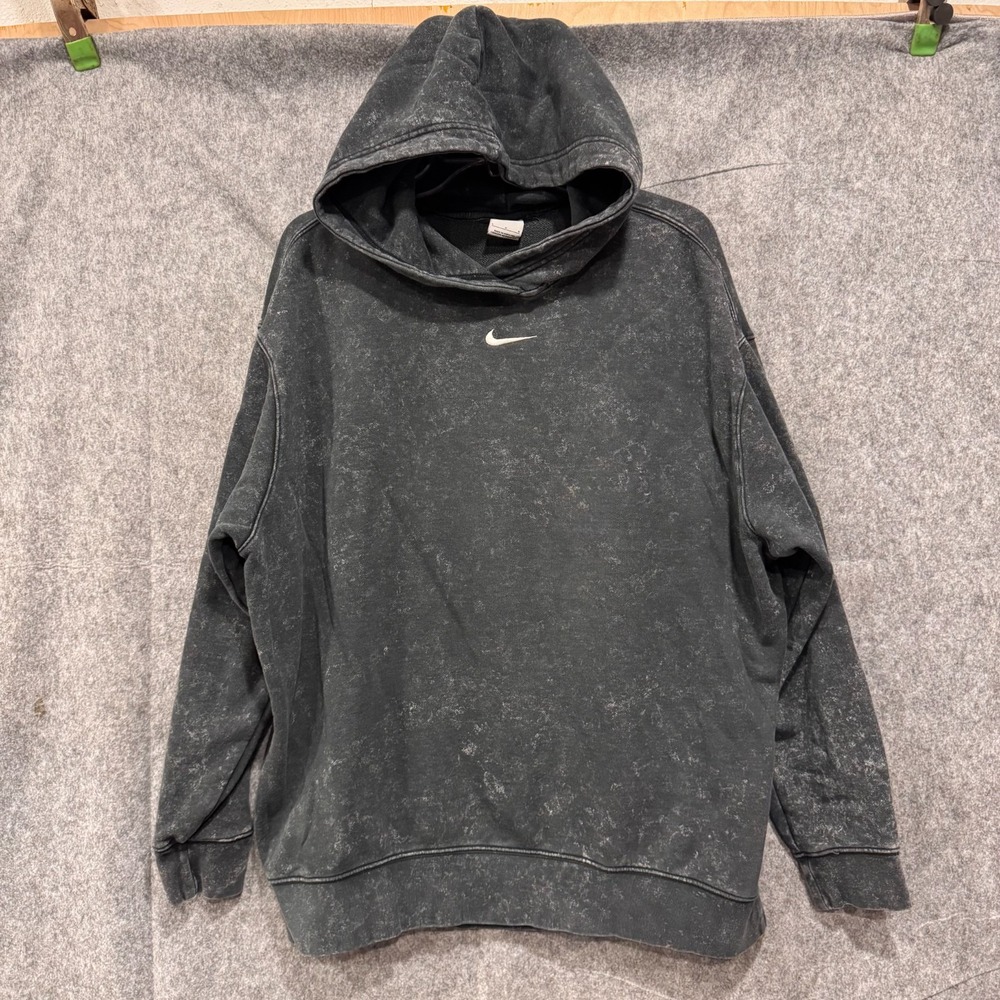Nike Essential Acid Wash Black Fleece Hoodie Oversize Womens Large Center Swoosh